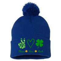 Peace Love Lucky Shamrock Clover Green St Patricks Day Funny Gift Great Gift Pom Pom 12in Knit Beanie