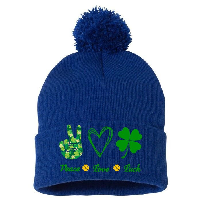 Peace Love Lucky Shamrock Clover Green St Patricks Day Funny Gift Great Gift Pom Pom 12in Knit Beanie