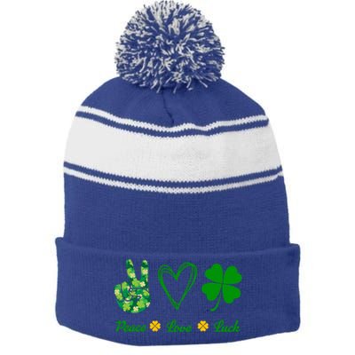 Peace Love Lucky Shamrock Clover Green St Patricks Day Funny Gift Great Gift Stripe Pom Pom Beanie