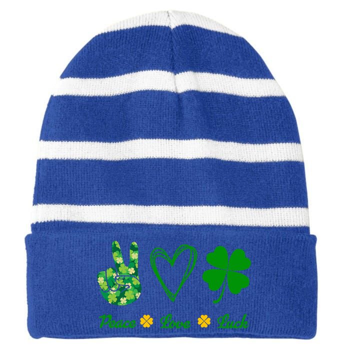 Peace Love Lucky Shamrock Clover Green St Patricks Day Funny Gift Great Gift Striped Beanie with Solid Band