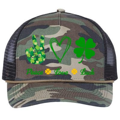 Peace Love Lucky Shamrock Clover Green St Patricks Day Funny Gift Great Gift Retro Rope Trucker Hat Cap