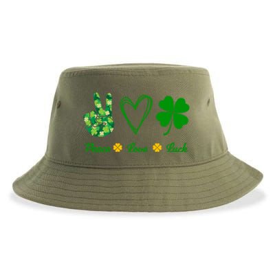 Peace Love Lucky Shamrock Clover Green St Patricks Day Funny Gift Great Gift Sustainable Bucket Hat