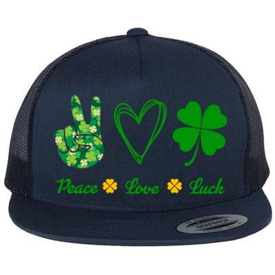 Peace Love Lucky Shamrock Clover Green St Patricks Day Funny Gift Great Gift Flat Bill Trucker Hat