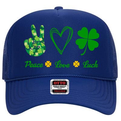 Peace Love Lucky Shamrock Clover Green St Patricks Day Funny Gift Great Gift High Crown Mesh Back Trucker Hat