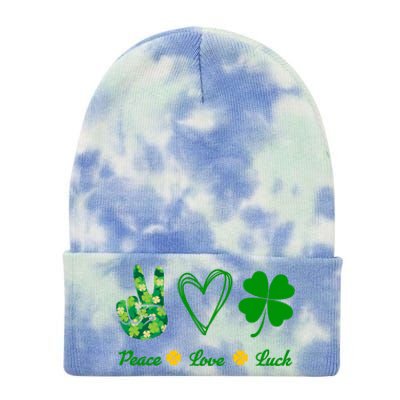 Peace Love Lucky Shamrock Clover Green St Patricks Day Funny Gift Great Gift Tie Dye 12in Knit Beanie