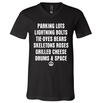 Parking Lots Lightning Bolts Tiedyes Bears Skeletons Roses Grilled Cheese Drums V-Neck T-Shirt