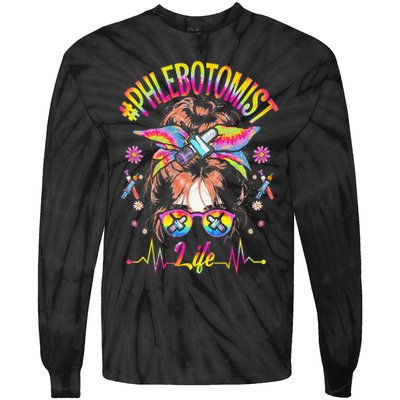 Phlebotomist Life Messy Bun Women Nurse Phlebotomy Tie-Dye Long Sleeve Shirt