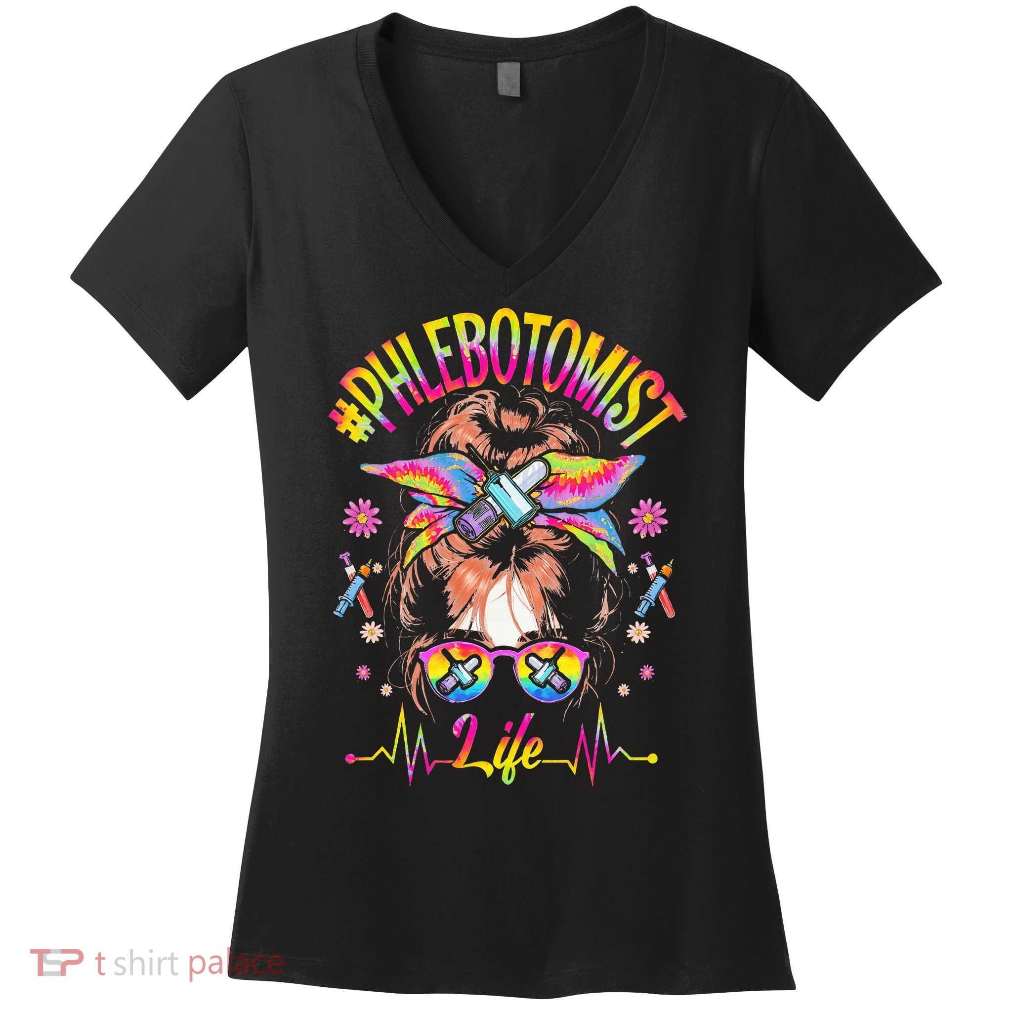 Phlebotomist Life Messy Bun Women Nurse Phlebotomy Women's V-Neck T-Shirt