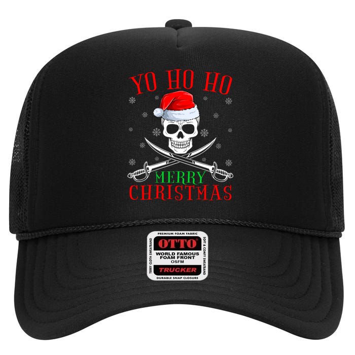 Pirate Lover Matching Santa Yo Ho Ho Pirate Merry Christmas High Crown Mesh Back Trucker Hat