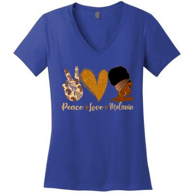 Peace Love Melanin Black Afro Juneteenth African Pride Funny Gift Women's V-Neck T-Shirt