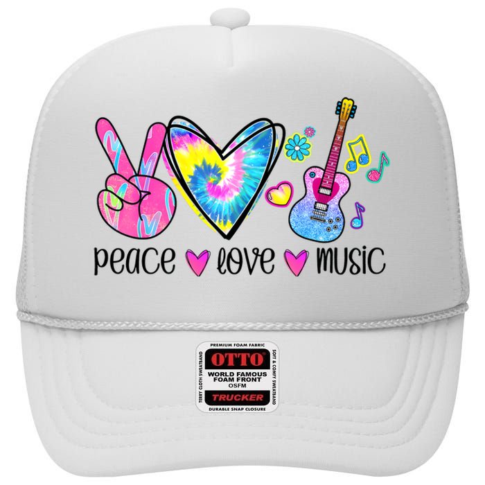 Peace Love Music Tie Dye High Crown Mesh Back Trucker Hat