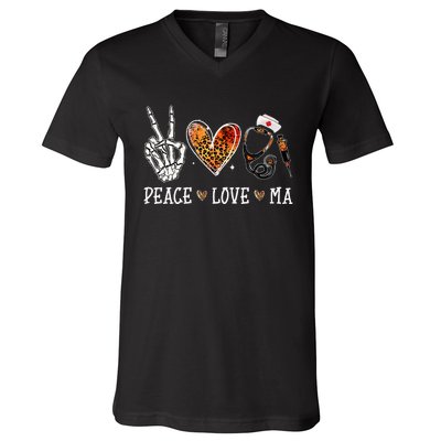 Peace Love MA Nurselife Medical Assistant Halloween Nurse V-Neck T-Shirt