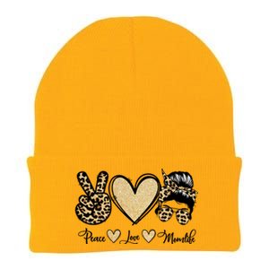 Peace Love Mom Life Trendy Leopard Messy Bun Mama Gift Knit Cap Winter Beanie