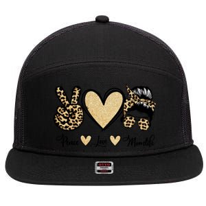 Peace Love Mom Life Trendy Leopard Messy Bun Mama Gift 7 Panel Mesh Trucker Snapback Hat