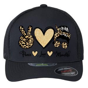 Peace Love Mom Life Trendy Leopard Messy Bun Mama Gift Flexfit Unipanel Trucker Cap