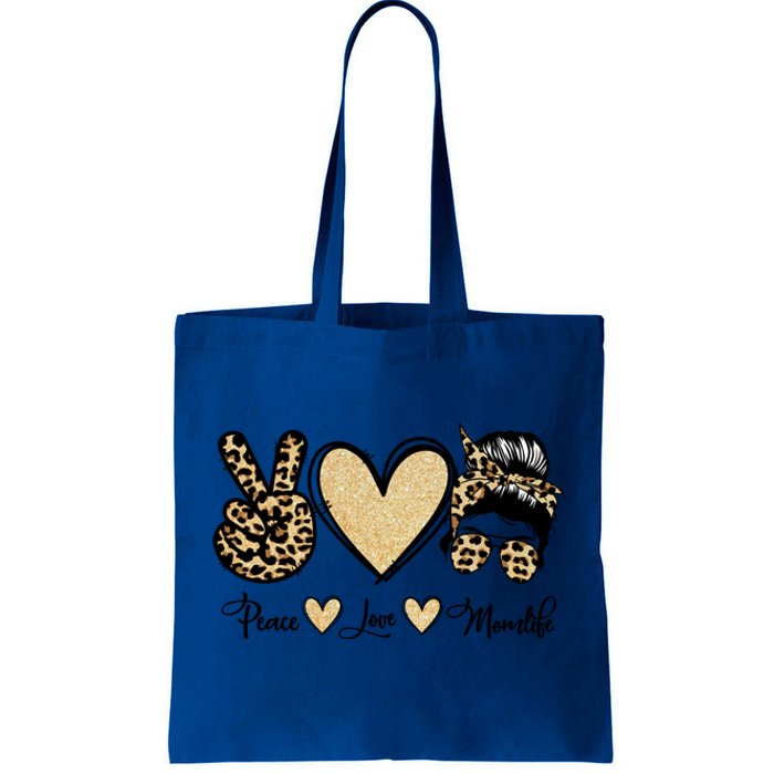 Peace Love Mom Life Trendy Leopard Messy Bun Mama Gift Tote Bag