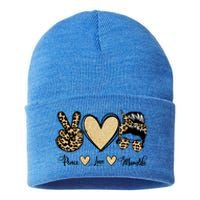 Peace Love Mom Life Trendy Leopard Messy Bun Mama Gift Sustainable Knit Beanie