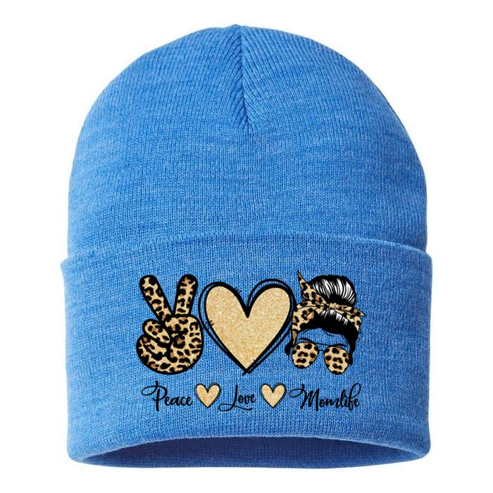 Peace Love Mom Life Trendy Leopard Messy Bun Mama Gift Sustainable Knit Beanie