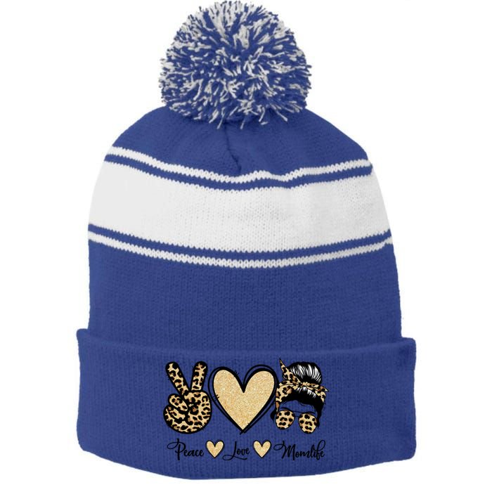 Peace Love Mom Life Trendy Leopard Messy Bun Mama Gift Stripe Pom Pom Beanie