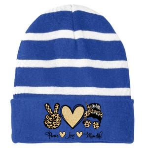 Peace Love Mom Life Trendy Leopard Messy Bun Mama Gift Striped Beanie with Solid Band