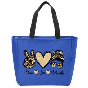 Peace Love Mom Life Trendy Leopard Messy Bun Mama Gift Zip Tote Bag