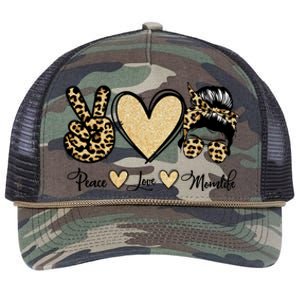 Peace Love Mom Life Trendy Leopard Messy Bun Mama Gift Retro Rope Trucker Hat Cap