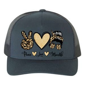 Peace Love Mom Life Trendy Leopard Messy Bun Mama Gift Yupoong Adult 5-Panel Trucker Hat