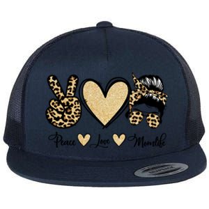 Peace Love Mom Life Trendy Leopard Messy Bun Mama Gift Flat Bill Trucker Hat