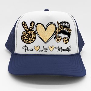 Peace Love Mom Life Trendy Leopard Messy Bun Mama Gift Trucker Hat