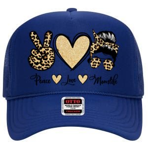 Peace Love Mom Life Trendy Leopard Messy Bun Mama Gift High Crown Mesh Back Trucker Hat