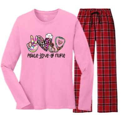 Peace Love Nursing Leopard Heart Stethoscope Er Nurse Life Gift Women's Long Sleeve Flannel Pajama Set 