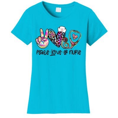 Peace Love Nursing Leopard Heart Stethoscope Er Nurse Life Gift Women's T-Shirt