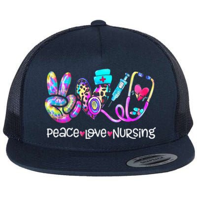 Peace Love Nursing Leopard Heart Stethoscope Nurse Life Gift Flat Bill Trucker Hat