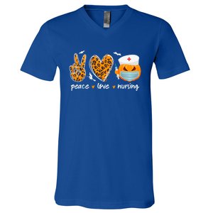 Peace Love Nursing Nurse Pumpkin Halloween Leopard Gift V-Neck T-Shirt