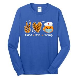 Peace Love Nursing Nurse Pumpkin Halloween Leopard Gift Tall Long Sleeve T-Shirt