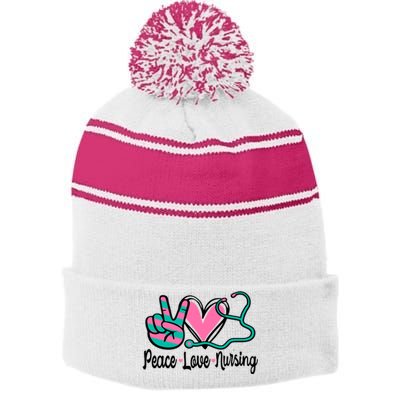 Peace Love Nursing Nurse Rn Nursing School Caretaker Gift Stripe Pom Pom Beanie