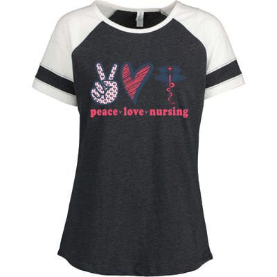 Peace Love Nursing Nurse Rn Pcw Heart Graphic Gift Enza Ladies Jersey Colorblock Tee