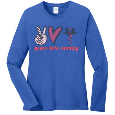 Peace Love Nursing Nurse Rn Pcw Heart Graphic Gift Ladies Long Sleeve Shirt