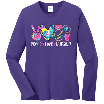 Peace Love Nursing Colorful Cute Nurse Gift Ladies Long Sleeve Shirt