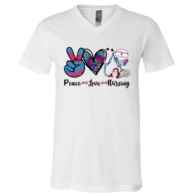 Peace Love Nursing Cute Nurse Stethoscope Tie Dye Flower Great Gift V-Neck T-Shirt