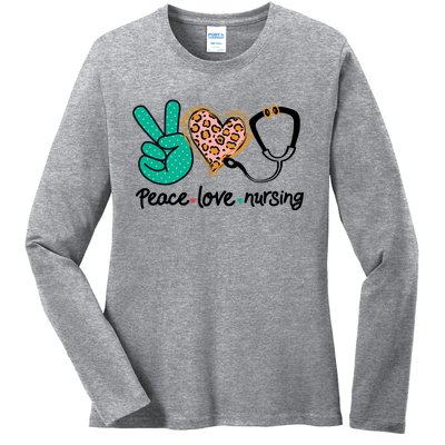 Peace Love Nursing Leopard Heart Nurse Custom Gift Pajama Great Gift Ladies Long Sleeve Shirt