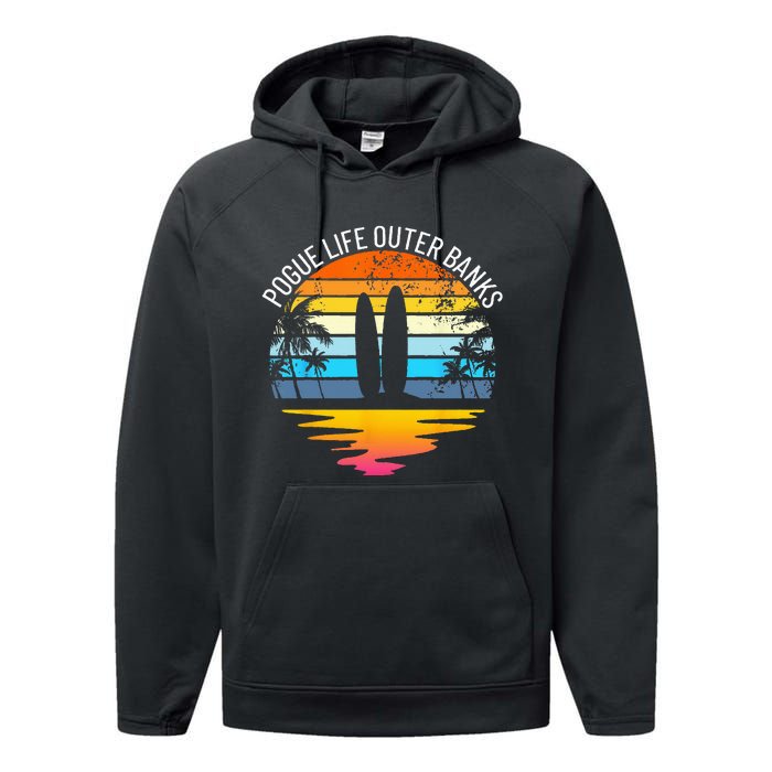 Pogue Life Outer Banks Retro Sunset Surfing OBX Pogue Life Performance Fleece Hoodie