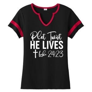 Plot Twist He Lives Luke 24:23 Ladies Halftime Notch Neck Tee