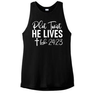 Plot Twist He Lives Luke 24:23 Ladies PosiCharge Tri-Blend Wicking Tank