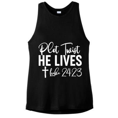 Plot Twist He Lives Luke 24:23 Ladies PosiCharge Tri-Blend Wicking Tank