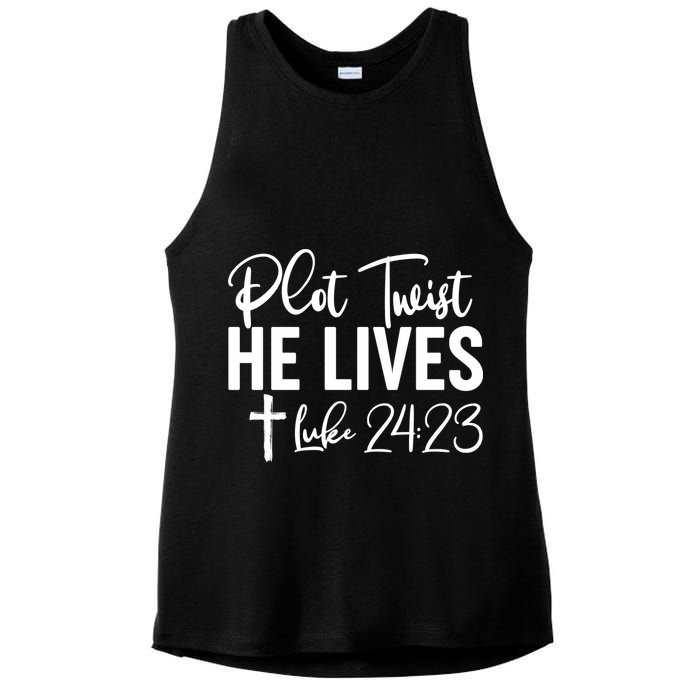 Plot Twist He Lives Luke 24:23 Ladies PosiCharge Tri-Blend Wicking Tank