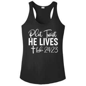 Plot Twist He Lives Luke 24:23 Ladies PosiCharge Competitor Racerback Tank