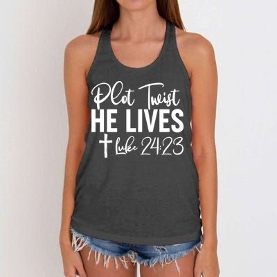 Plot Twist He Lives Luke 24:23 Women's Knotted Racerback Tank