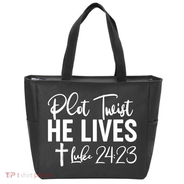Plot Twist He Lives Luke 24:23 Zip Tote Bag