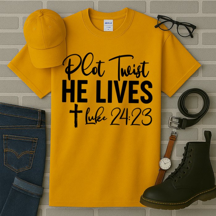 Plot Twist He Lives Luke 24:23 Tall T-Shirt